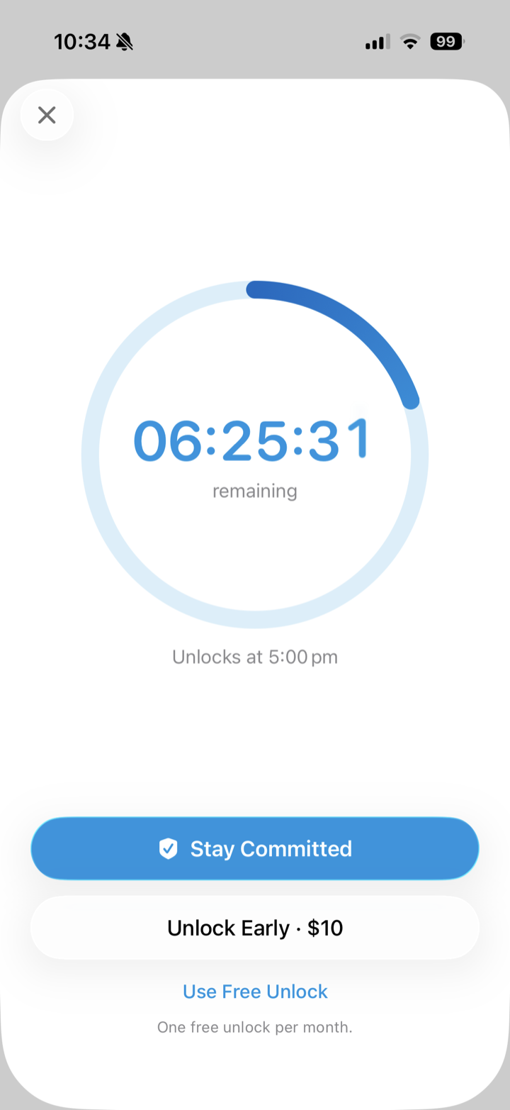 Countdown screen with Stay Committed and Unlock Early options