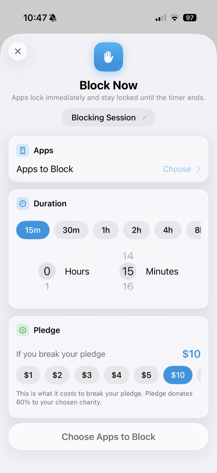 Creating a blocking session in Pledge with a pledge amount